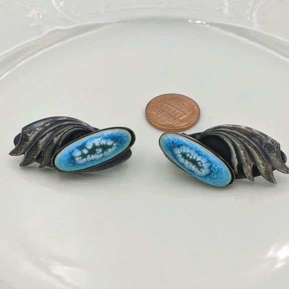 Vintage Blue Green Dark Silver Wing Clip Earrings - Picture 1 of 10